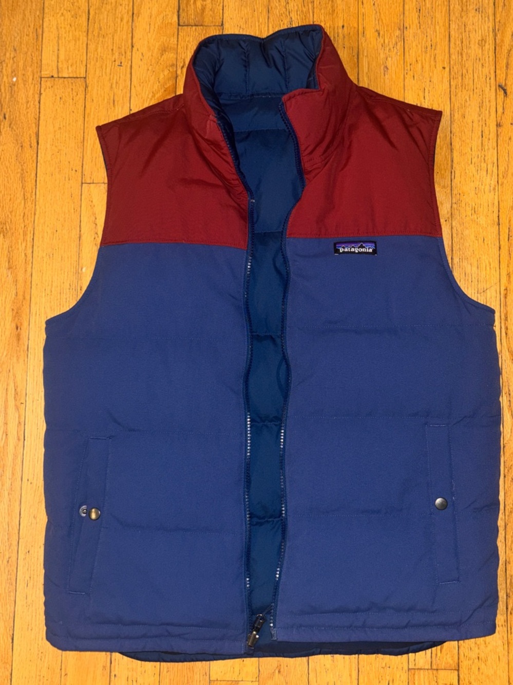 Patagonia Reversible Bivy Down Colorblock Puffer Vest - Blue & Burgundy - Medium